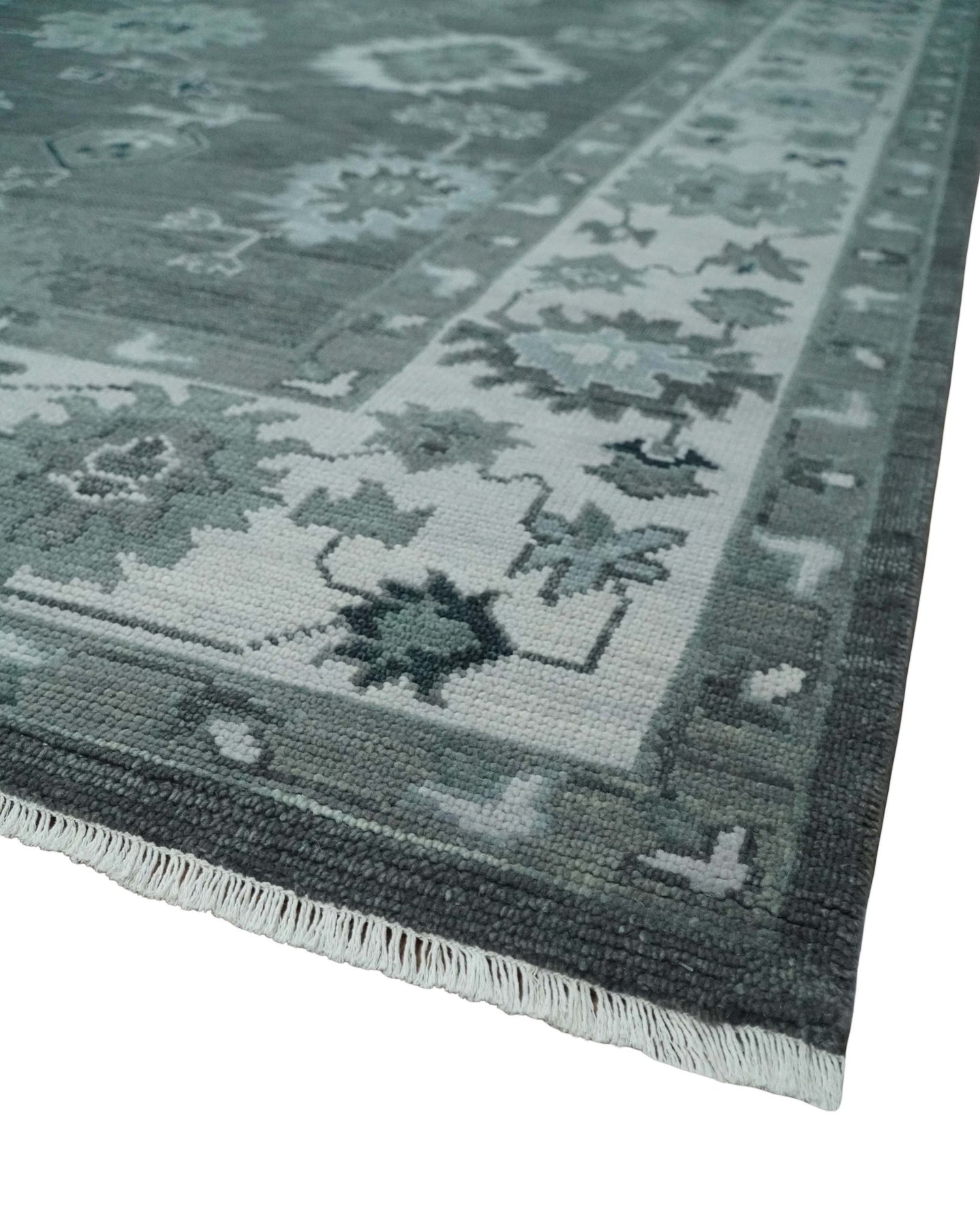 Antique 8x10, 9x12, 10x14 and 12x15 Hand Knotted Charcoal and Ivory Traditional Persian Oushak Wool Rug | NT28 - The Rug Decor