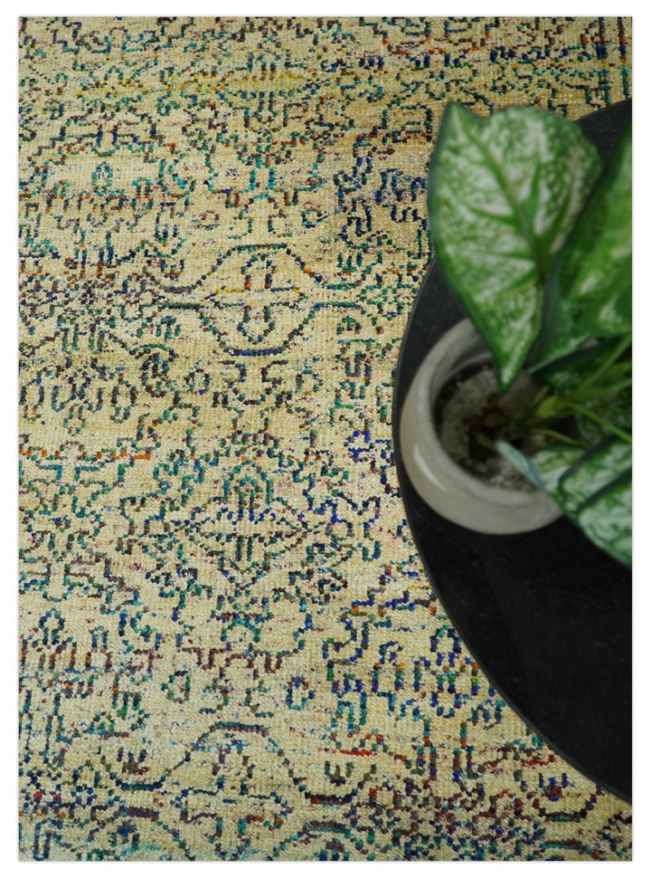 Antique 8x10 Hand Knotted Beige and Blue Persian made of Recycled Silk Area Rug | OP20 - The Rug Decor