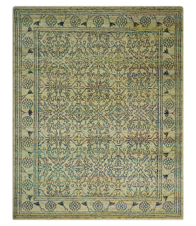 Antique 8x10 Hand Knotted Beige and Blue Persian made of Recycled Silk Area Rug | OP20 - The Rug Decor