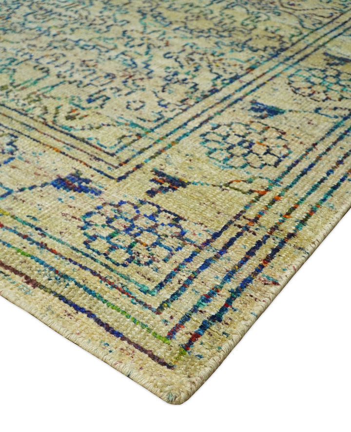 Antique 8x10 Hand Knotted Beige and Blue Persian made of Recycled Silk Area Rug | OP20 - The Rug Decor