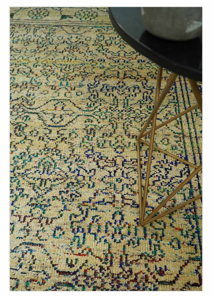 Antique 8x10 Hand Knotted Beige and Blue Persian made of Recycled Silk Area Rug | OP20 - The Rug Decor
