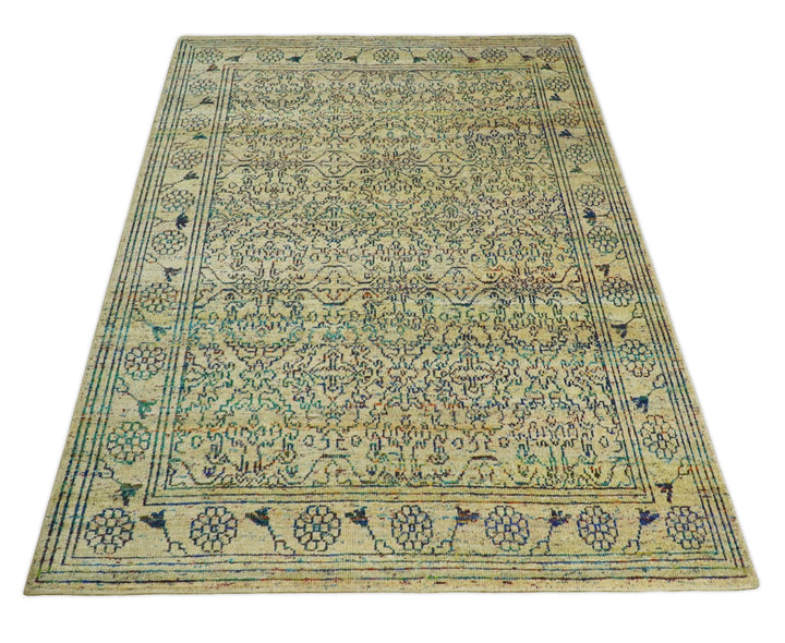 Antique 8x10 Hand Knotted Beige and Blue Persian made of Recycled Silk Area Rug | OP20 - The Rug Decor
