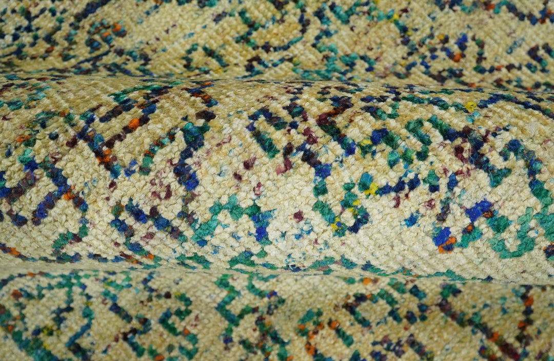 Antique 8x10 Hand Knotted Beige and Blue Persian made of Recycled Silk Area Rug | OP20 - The Rug Decor