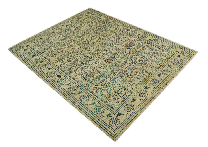 Antique 8x10 Hand Knotted Beige and Blue Persian made of Recycled Silk Area Rug | OP20 - The Rug Decor
