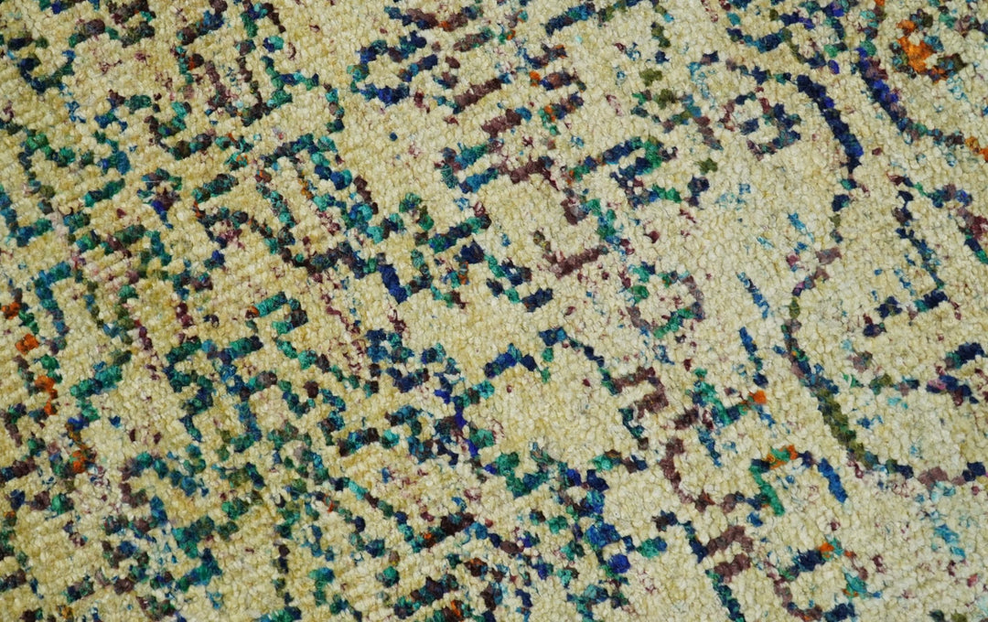 Antique 8x10 Hand Knotted Beige and Blue Persian made of Recycled Silk Area Rug | OP20 - The Rug Decor