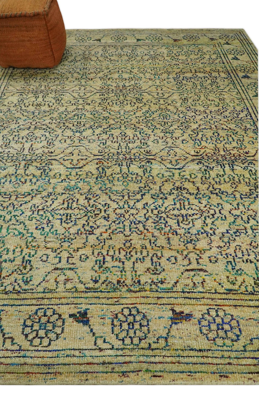 Antique 8x10 Hand Knotted Beige and Blue Persian made of Recycled Silk Area Rug | OP20 - The Rug Decor