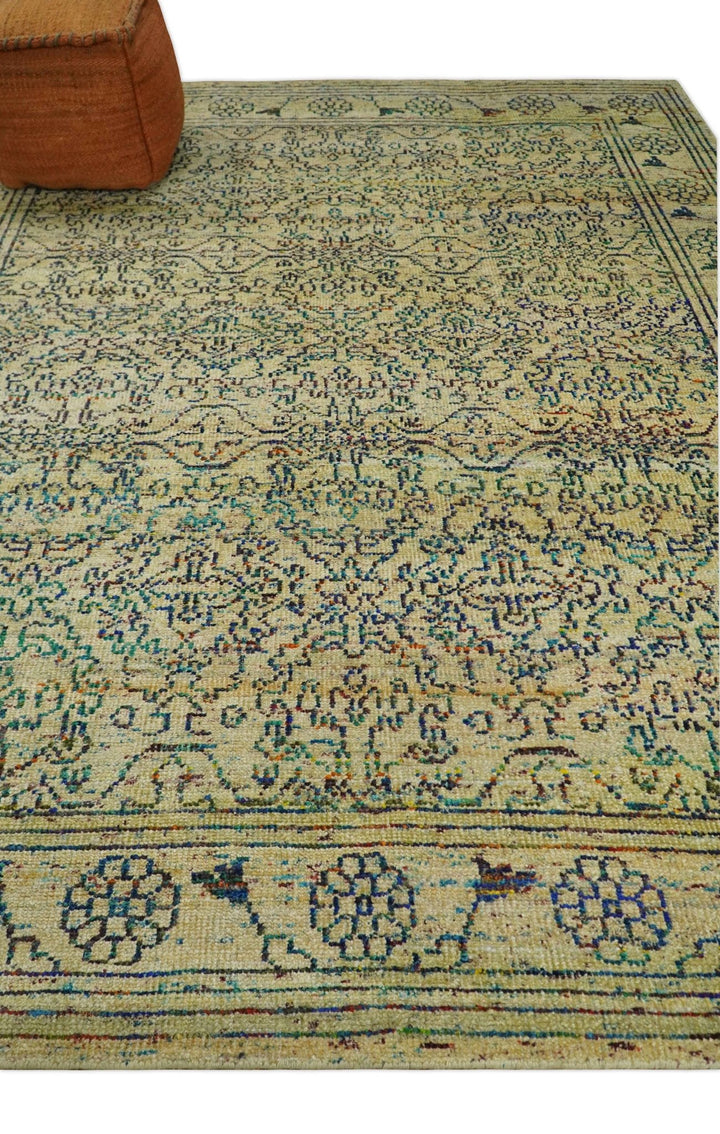 Antique 8x10 Hand Knotted Beige and Blue Persian made of Recycled Silk Area Rug | OP20 - The Rug Decor
