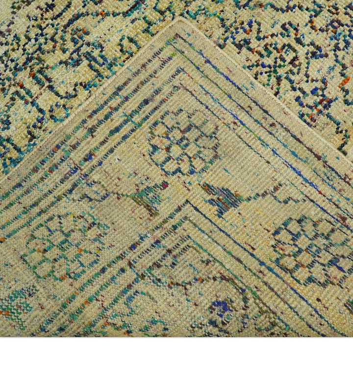 Antique 8x10 Hand Knotted Beige and Blue Persian made of Recycled Silk Area Rug | OP20 - The Rug Decor