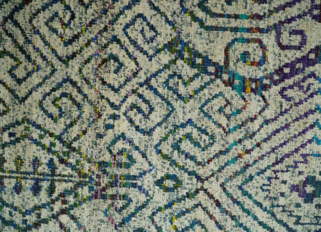 Antique 8x10 Hand Knotted Beige and Blue Persian made of Recycled Silk Area Rug | OP25 - The Rug Decor