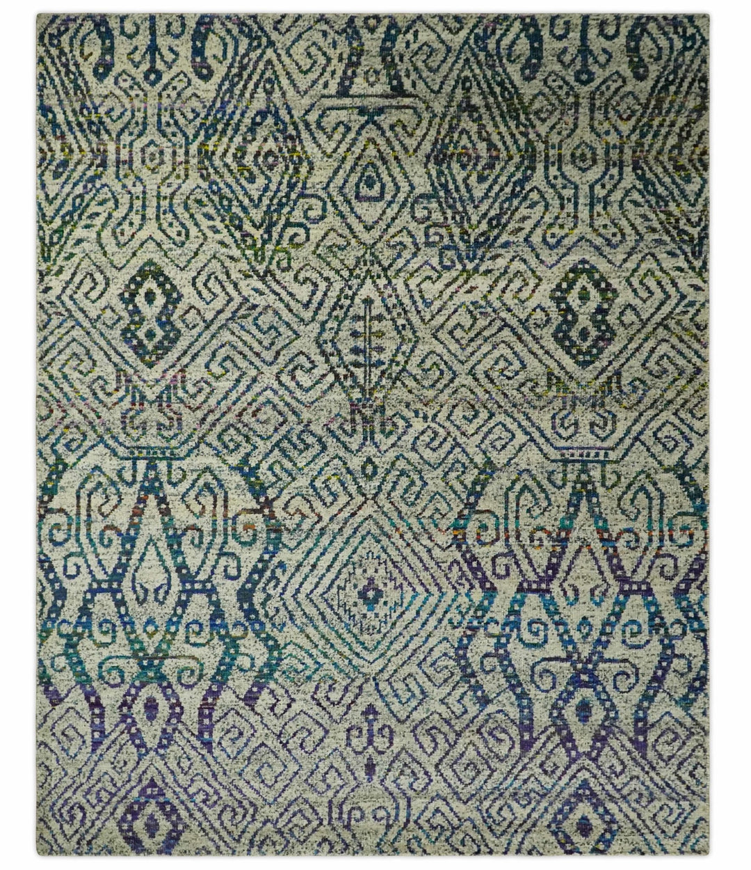 Antique 8x10 Hand Knotted Beige and Blue Persian made of Recycled Silk Area Rug | OP25 - The Rug Decor
