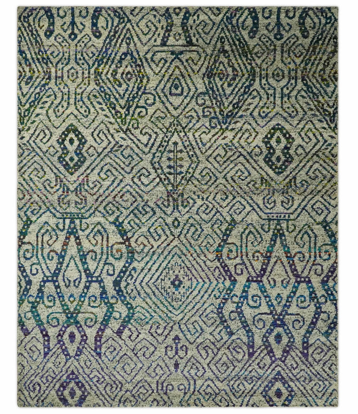Antique 8x10 Hand Knotted Beige and Blue Persian made of Recycled Silk Area Rug | OP25 - The Rug Decor