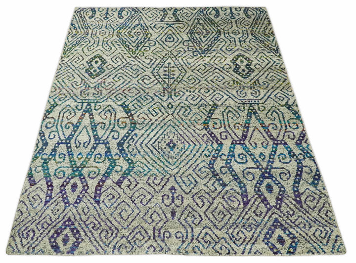 Antique 8x10 Hand Knotted Beige and Blue Persian made of Recycled Silk Area Rug | OP25 - The Rug Decor