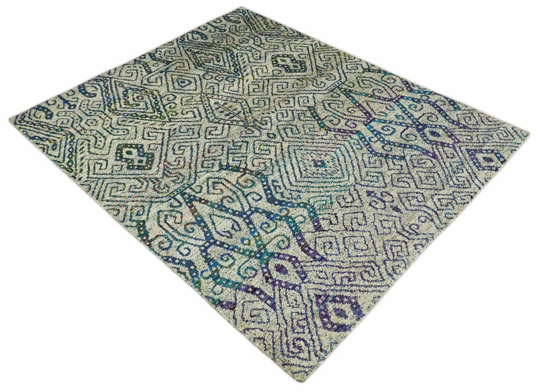 Antique 8x10 Hand Knotted Beige and Blue Persian made of Recycled Silk Area Rug | OP25 - The Rug Decor