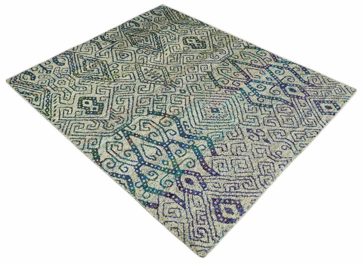 Antique 8x10 Hand Knotted Beige and Blue Persian made of Recycled Silk Area Rug | OP25 - The Rug Decor