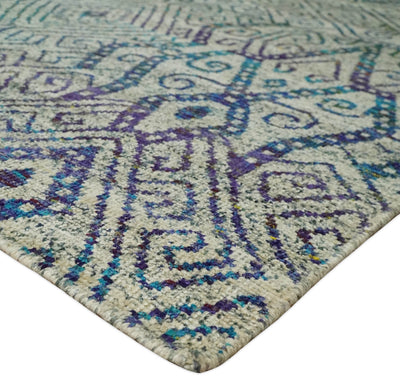 Antique 8x10 Hand Knotted Beige and Blue Persian made of Recycled Silk Area Rug | OP25 - The Rug Decor