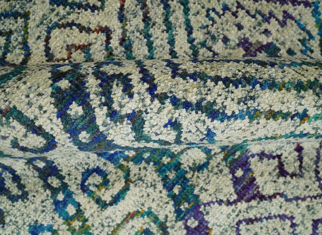 Antique 8x10 Hand Knotted Beige and Blue Persian made of Recycled Silk Area Rug | OP25 - The Rug Decor
