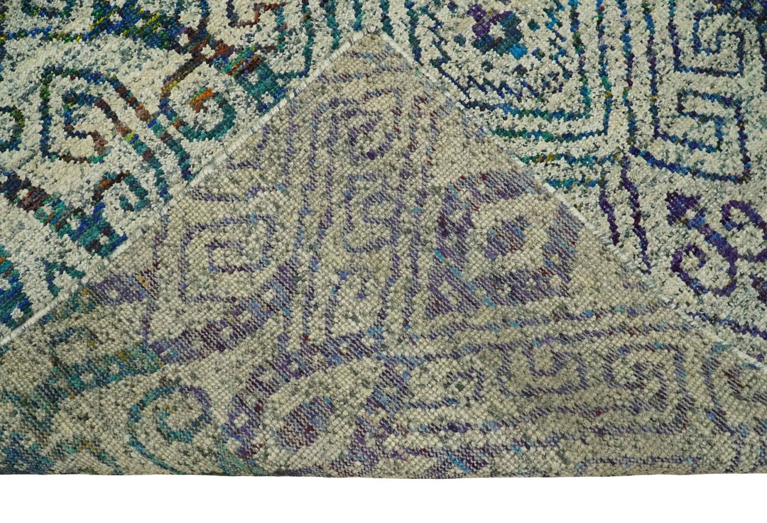 Antique 8x10 Hand Knotted Beige and Blue Persian made of Recycled Silk Area Rug | OP25 - The Rug Decor