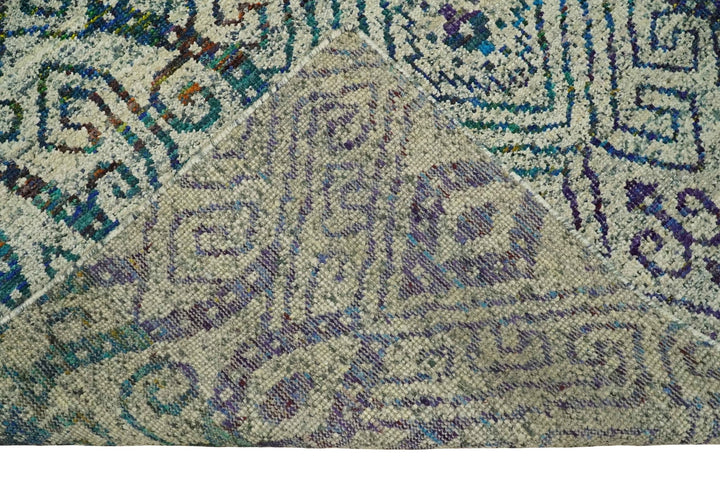 Antique 8x10 Hand Knotted Beige and Blue Persian made of Recycled Silk Area Rug | OP25 - The Rug Decor