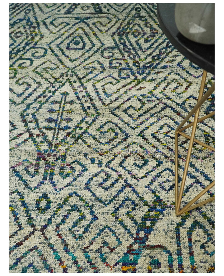 Antique 8x10 Hand Knotted Beige and Blue Persian made of Recycled Silk Area Rug | OP25 - The Rug Decor