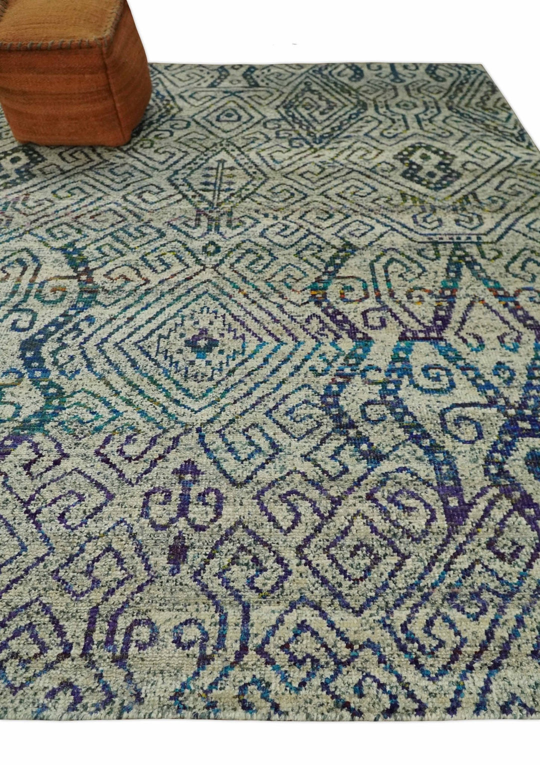 Antique 8x10 Hand Knotted Beige and Blue Persian made of Recycled Silk Area Rug | OP25 - The Rug Decor