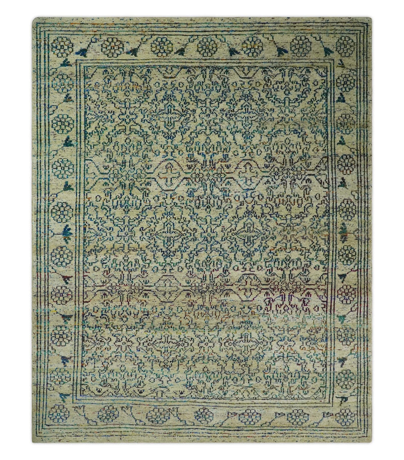 Antique 8x10 Hand Knotted Camel, Ivory and Blue Persian made of Recycled Silk Area Rug | OP33 - The Rug Decor