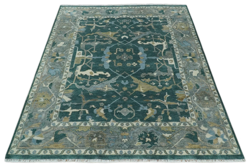 Antique 8x10 Hand Knotted Oriental Oushak Teal Green and Gray Wool Area Rug | TRDCP1077S - The Rug Decor