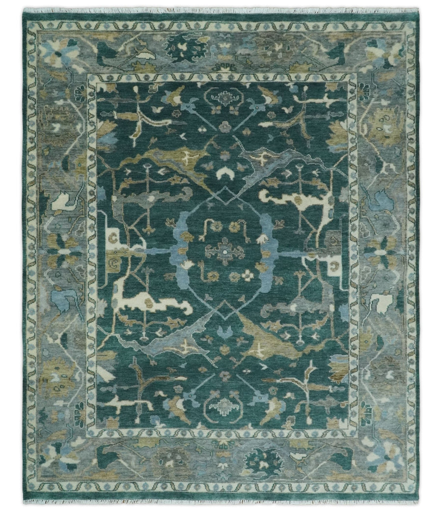 Antique 8x10 Hand Knotted Oriental Oushak Teal Green and Gray Wool Area Rug | TRDCP1077S - The Rug Decor