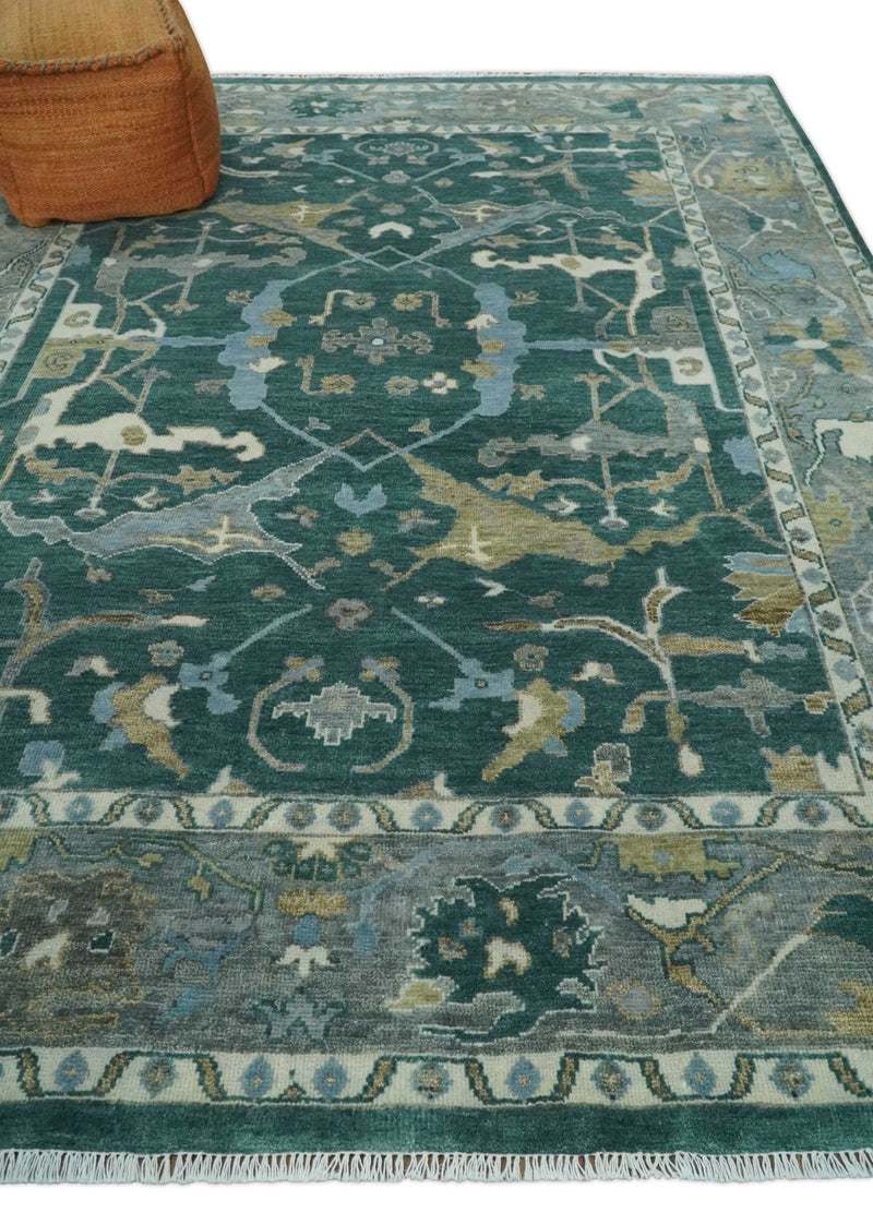 Antique 8x10 Hand Knotted Oriental Oushak Teal Green and Gray Wool Area Rug | TRDCP1077S - The Rug Decor