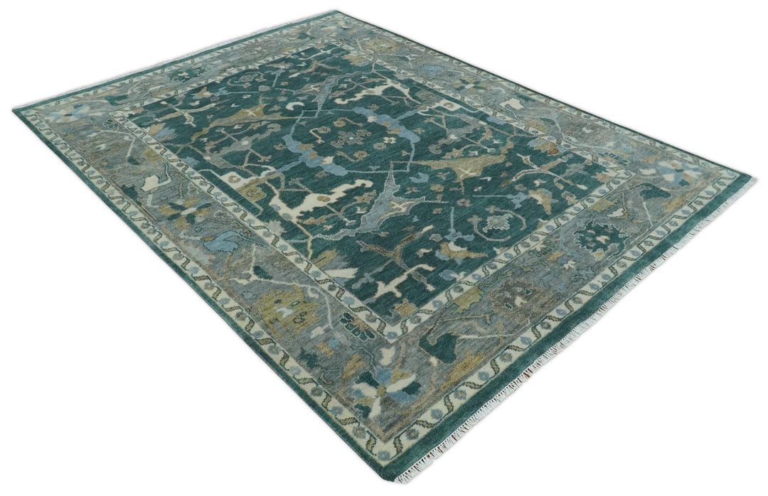 Antique 8x10 Hand Knotted Oriental Oushak Teal Green and Gray Wool Area Rug | TRDCP1077S - The Rug Decor
