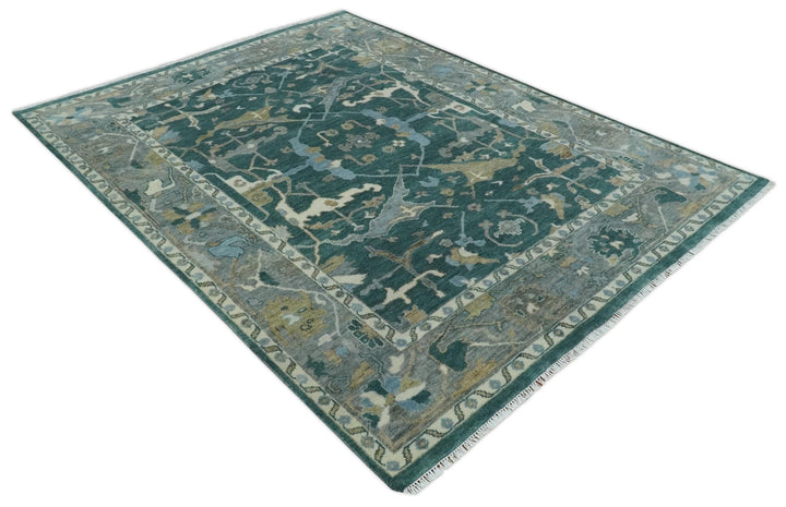 Antique 8x10 Hand Knotted Oriental Oushak Teal Green and Gray Wool Area Rug | TRDCP1077S - The Rug Decor