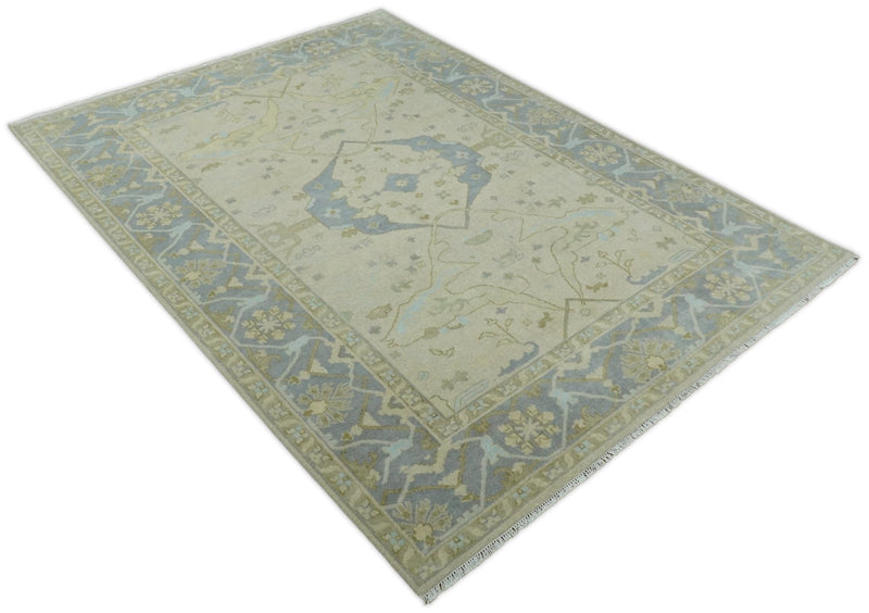 Antique 9x12 Beige and Blue Persian Oushak Hand Knotted Large Wool Area Rug | TRDCP276912 - The Rug Decor