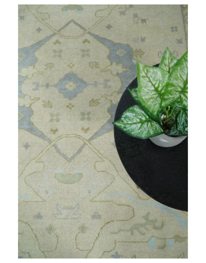 Antique 9x12 Beige and Blue Persian Oushak Hand Knotted Large Wool Area Rug | TRDCP276912 - The Rug Decor