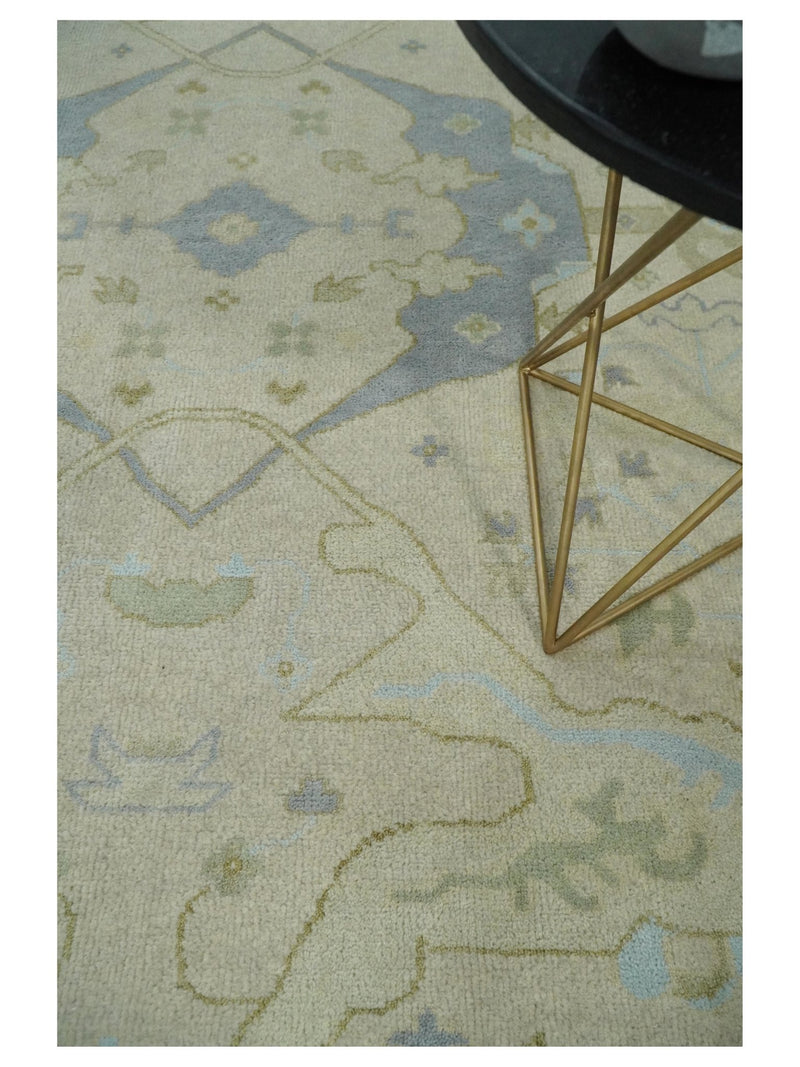 Antique 9x12 Beige and Blue Persian Oushak Hand Knotted Large Wool Area Rug | TRDCP276912 - The Rug Decor
