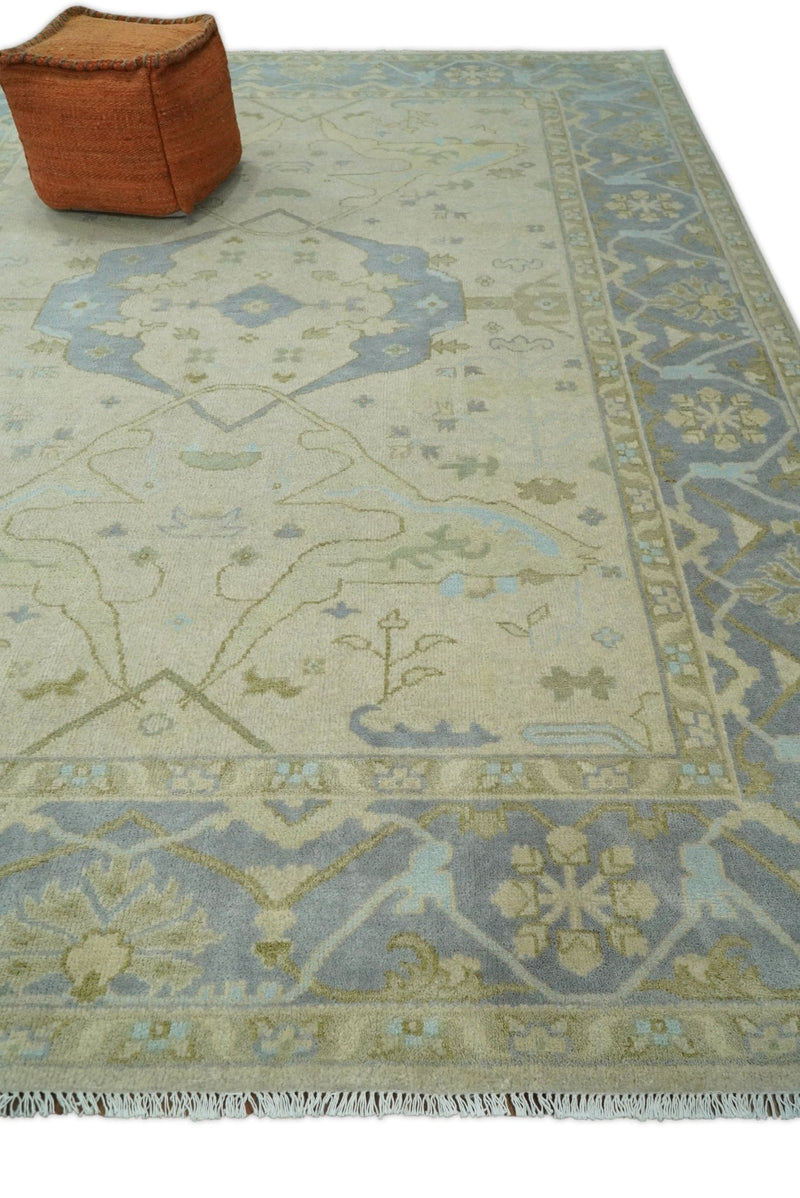Antique 9x12 Beige and Blue Persian Oushak Hand Knotted Large Wool Area Rug | TRDCP276912 - The Rug Decor