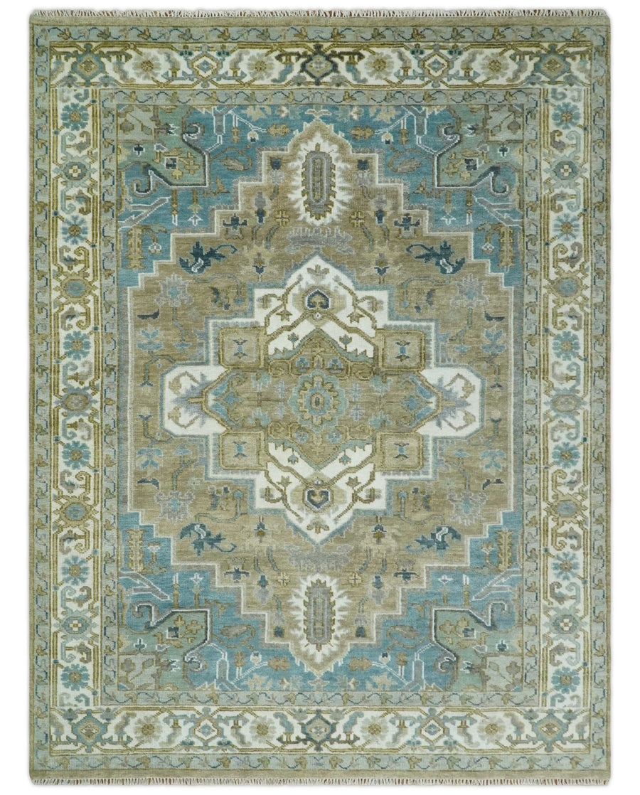 Antique 9x12 Camel, Blue and Ivory Hand Knotted Traditional Heriz Serapi Wool Rug | TRDCP929912 - The Rug Decor