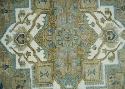 Antique 9x12 Camel, Blue and Ivory Hand Knotted Traditional Heriz Serapi Wool Rug | TRDCP929912 - The Rug Decor