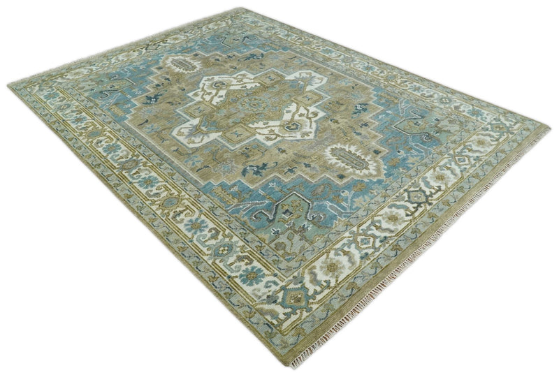 Antique 9x12 Camel, Blue and Ivory Hand Knotted Traditional Heriz Serapi Wool Rug | TRDCP929912 - The Rug Decor