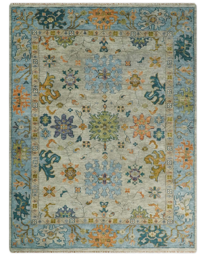Antique 9x12 Hand Knotted Beige and Blue Traditional Persian Vintage Oushak Wool Rug | TRDCP689912 - The Rug Decor