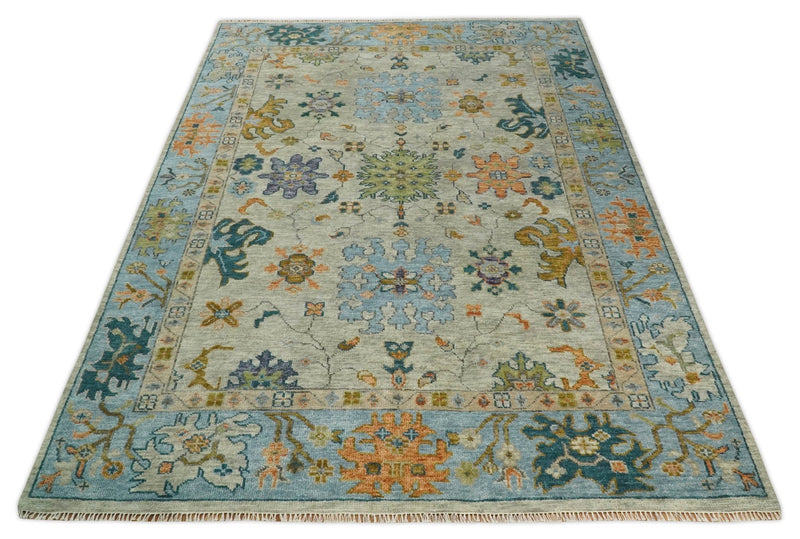 Antique 9x12 Hand Knotted Beige and Blue Traditional Persian Vintage Oushak Wool Rug | TRDCP689912 - The Rug Decor