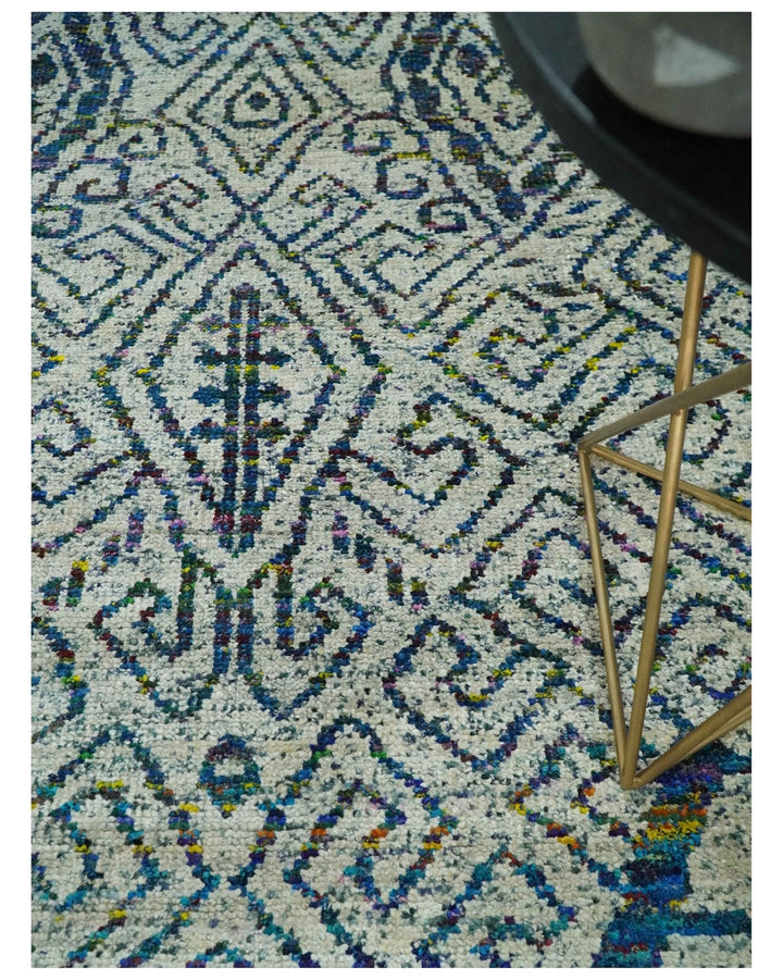Antique 9x12 Hand Knotted Ivory, Teal and Blue Persian made of Recycled Silk Area Rug | OP48 - The Rug Decor