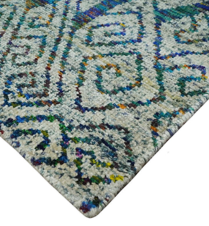 Antique 9x12 Hand Knotted Ivory, Teal and Blue Persian made of Recycled Silk Area Rug | OP48 - The Rug Decor