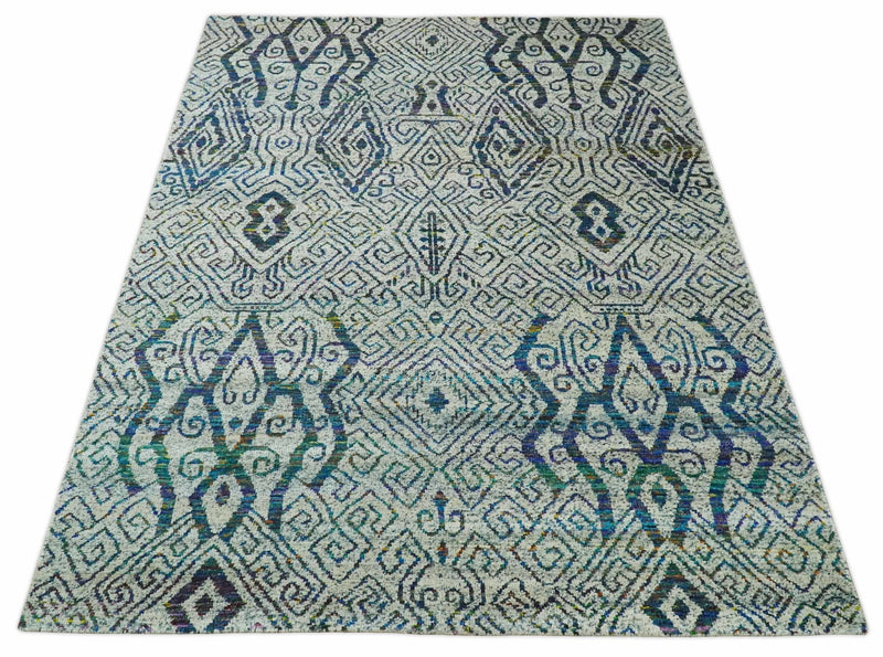 Antique 9x12 Hand Knotted Ivory, Teal and Blue Persian made of Recycled Silk Area Rug | OP48 - The Rug Decor