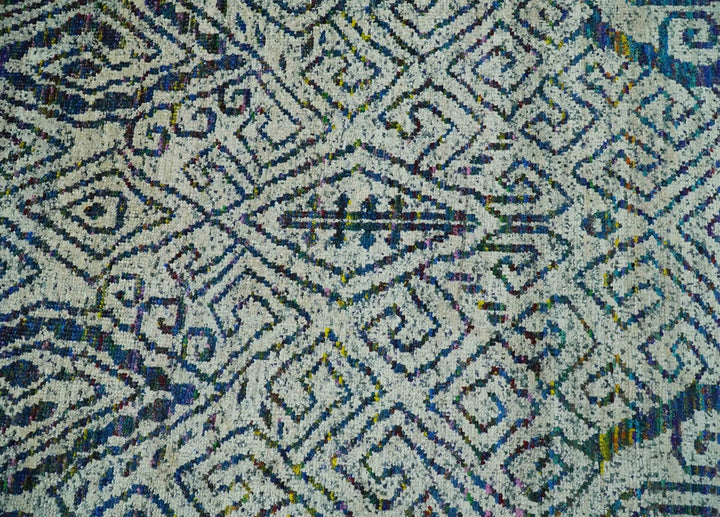 Antique 9x12 Hand Knotted Ivory, Teal and Blue Persian made of Recycled Silk Area Rug | OP48 - The Rug Decor