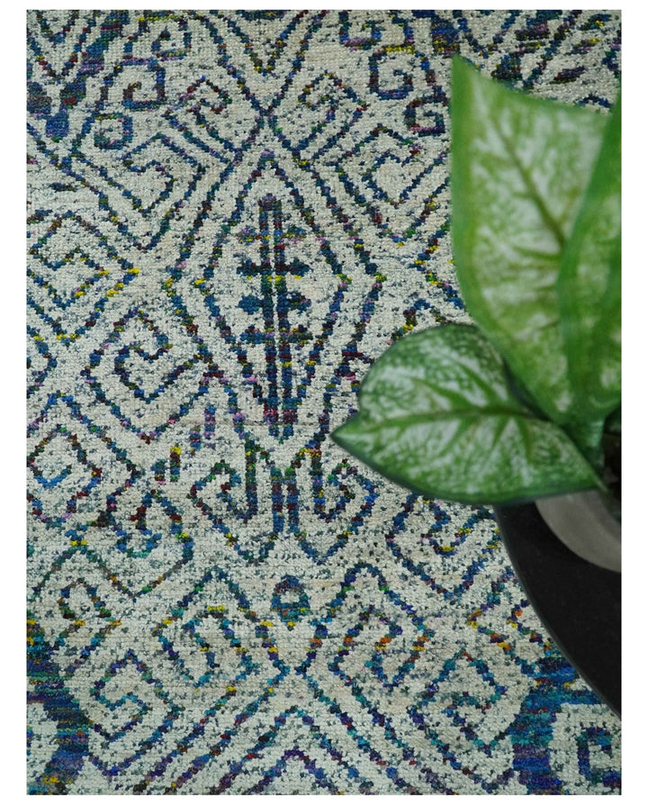 Antique 9x12 Hand Knotted Ivory, Teal and Blue Persian made of Recycled Silk Area Rug | OP48 - The Rug Decor