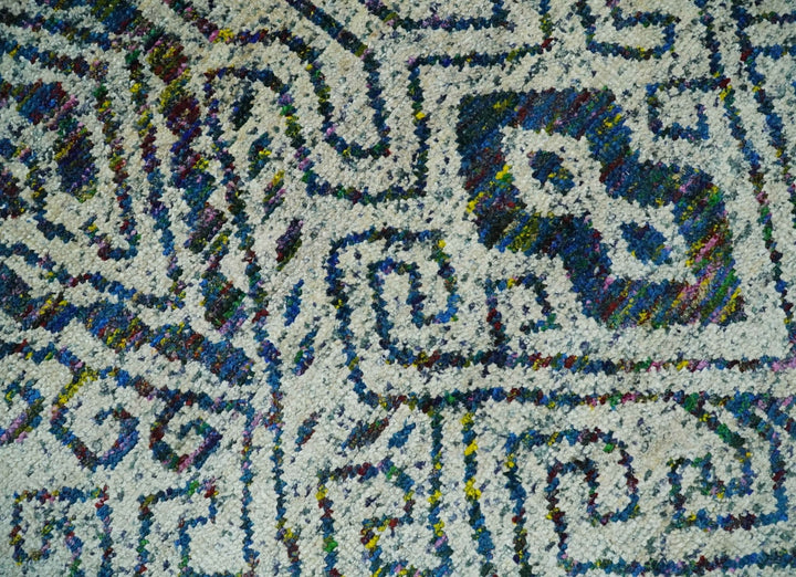 Antique 9x12 Hand Knotted Ivory, Teal and Blue Persian made of Recycled Silk Area Rug | OP48 - The Rug Decor