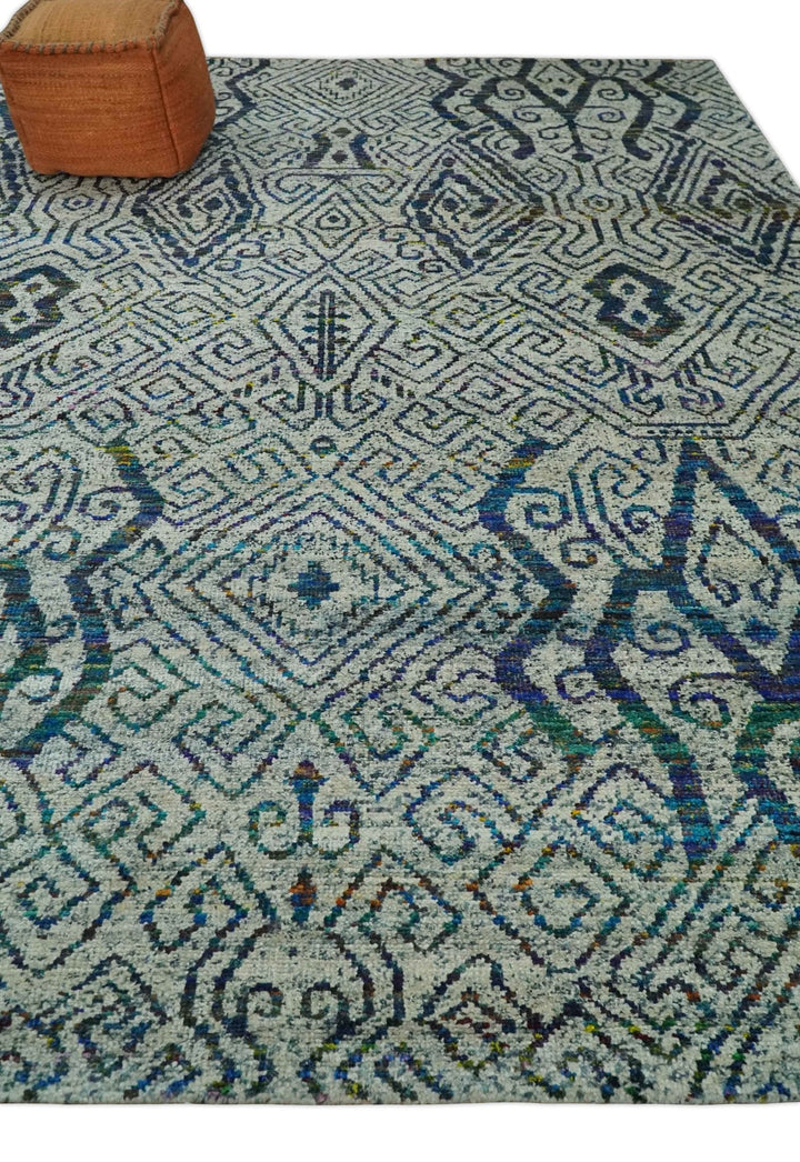 Antique 9x12 Hand Knotted Ivory, Teal and Blue Persian made of Recycled Silk Area Rug | OP48 - The Rug Decor