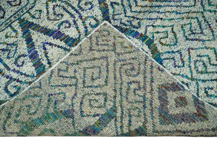Antique 9x12 Hand Knotted Ivory, Teal and Blue Persian made of Recycled Silk Area Rug | OP48 - The Rug Decor