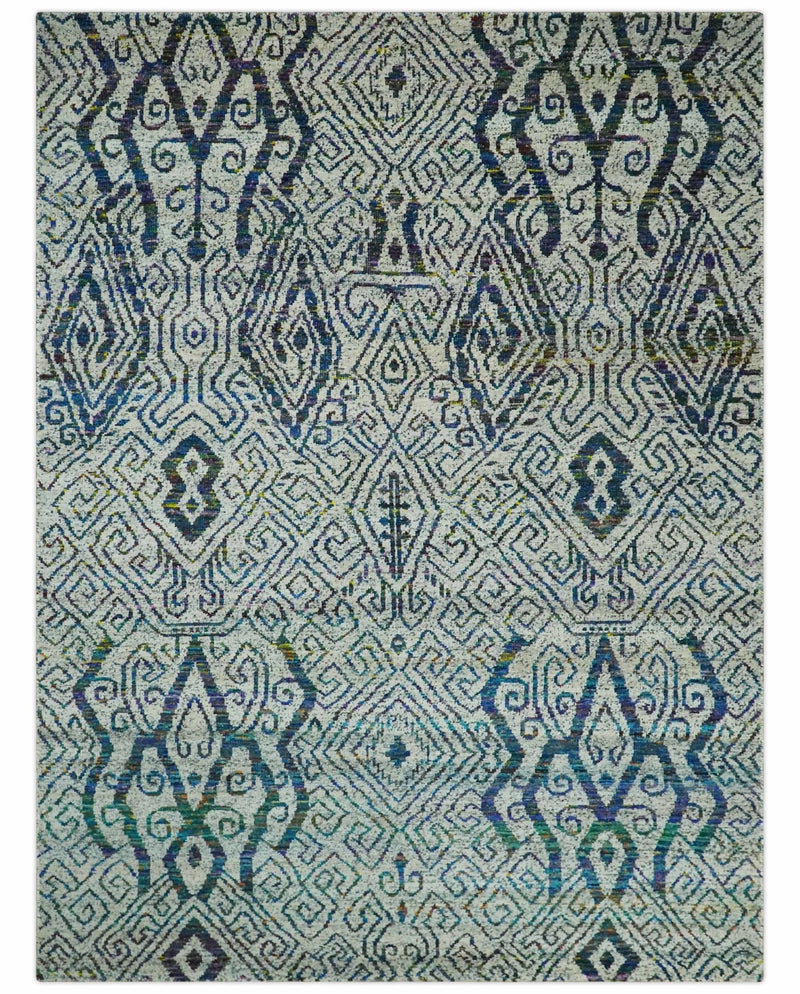 Antique 9x12 Hand Knotted Ivory, Teal and Blue Persian made of Recycled Silk Area Rug | OP48 - The Rug Decor