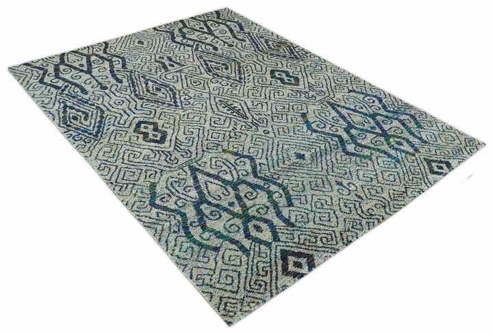 Antique 9x12 Hand Knotted Ivory, Teal and Blue Persian made of Recycled Silk Area Rug | OP48 - The Rug Decor