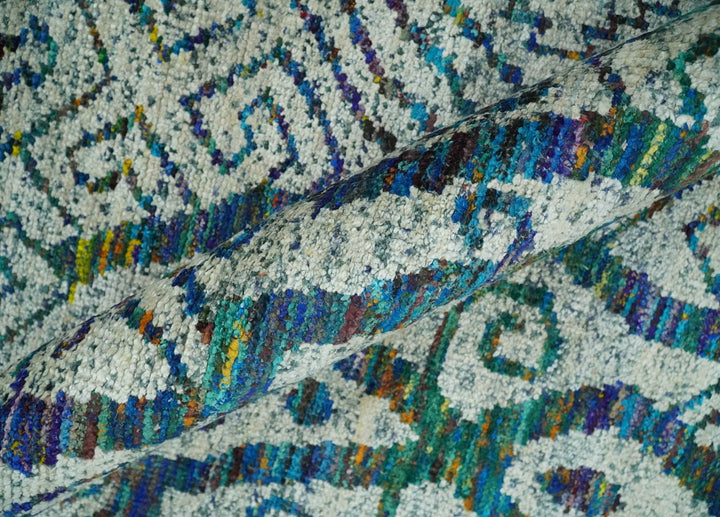 Antique 9x12 Hand Knotted Ivory, Teal and Blue Persian made of Recycled Silk Area Rug | OP48 - The Rug Decor